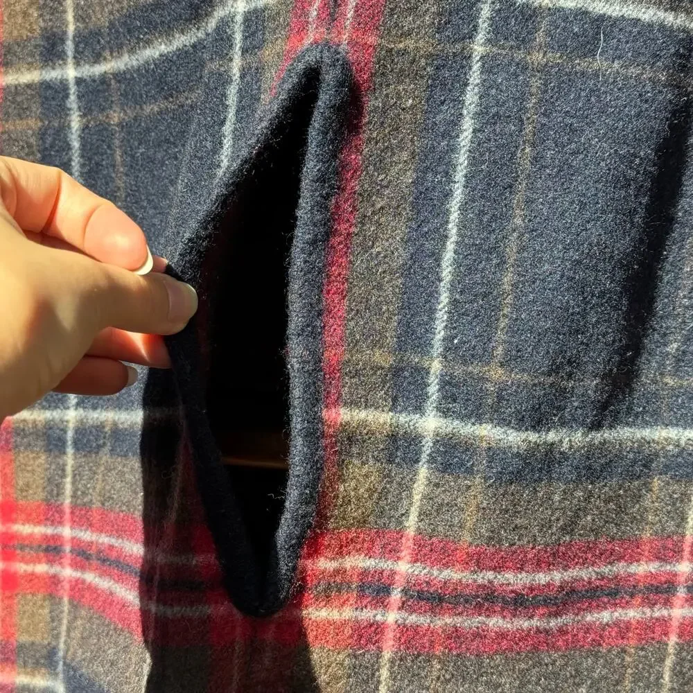 MUJI 100% Wool Plaid Poncho Cape Shawl Wrap Scarf Navy Red Tartan Fringe 75x210